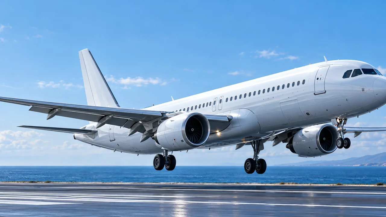 White passenger airliner taking off over a runway by the sea