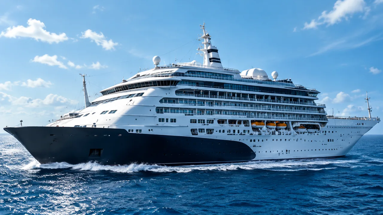 Passenger ship with a dark hull cruising on a blue sea