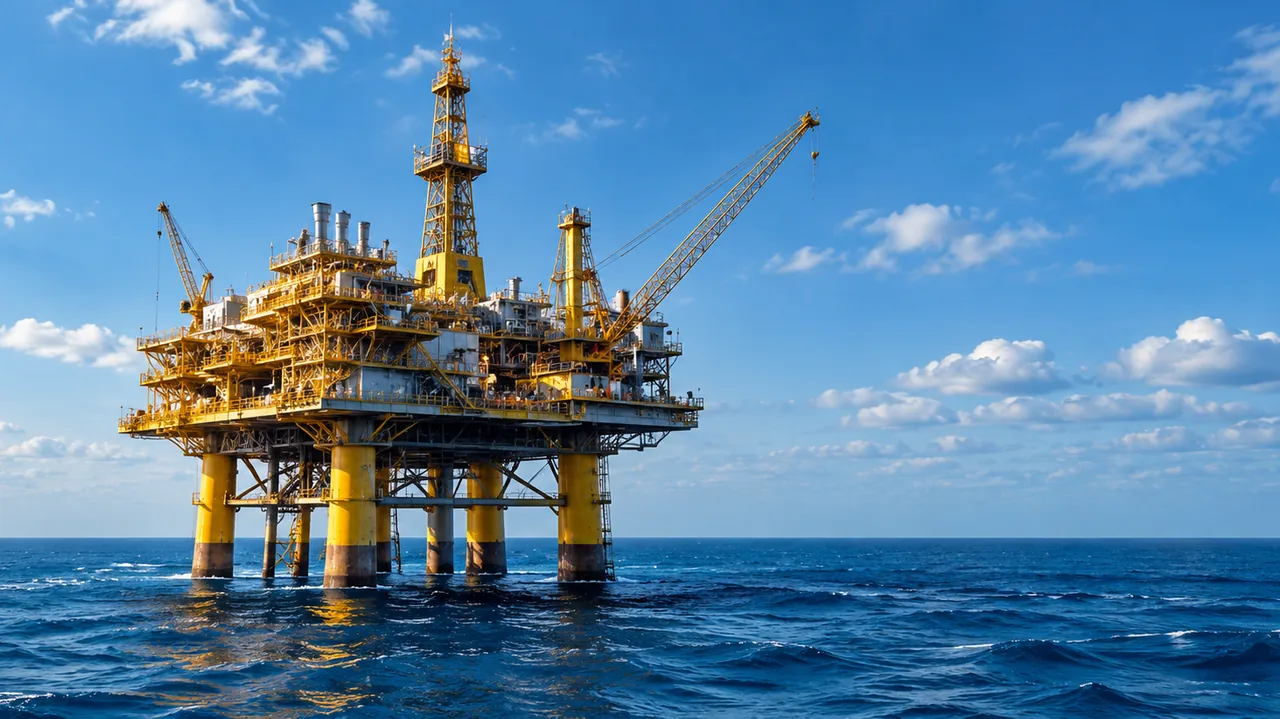 Offshore oil and gas platform standing in open sea
