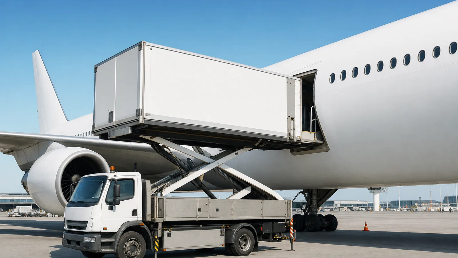 Widebody airliner at an airport stand with a catering truck at the rear door