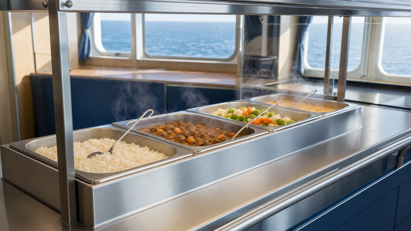Bain-marie holding gastronorm containers of hot food at a crew mess counter