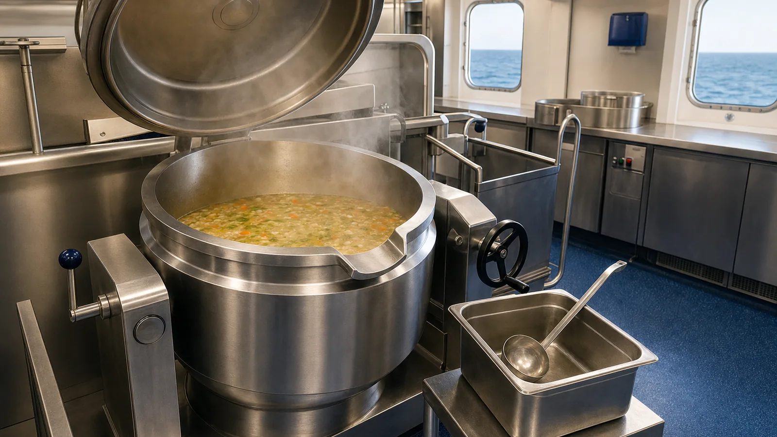 Stainless steel tilting boiling kettle with steam rising in a ship galley