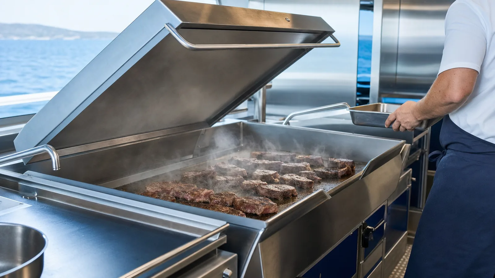 Tilting bratt pan searing beef in a marine galley cooking block