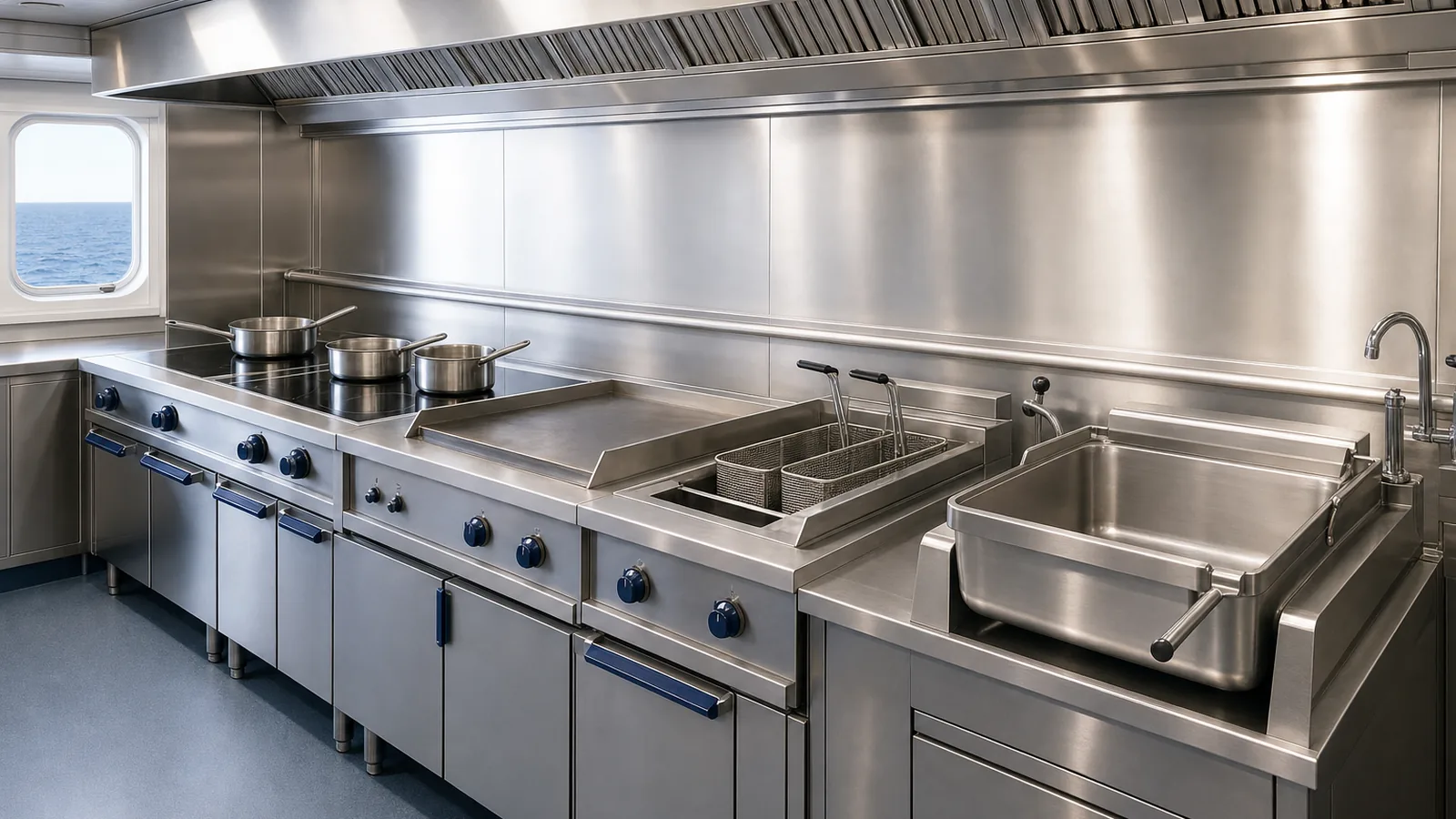 Modular stainless steel cooking line with induction, griddle, fryer and kettle in a ship galley