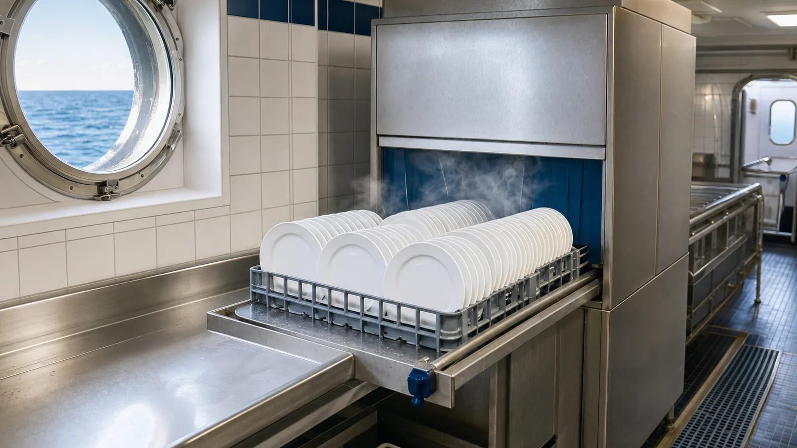 Rack-conveyor dishwasher with racks of clean plates in a ship scullery
