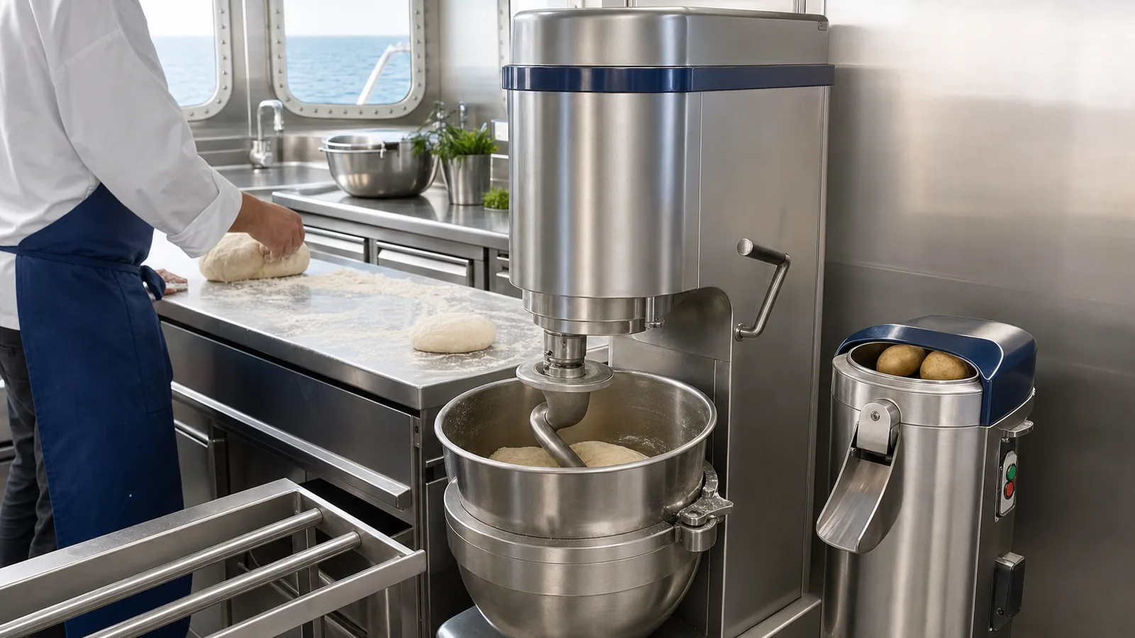 Planetary mixer and vegetable peeler in a galley preparation area