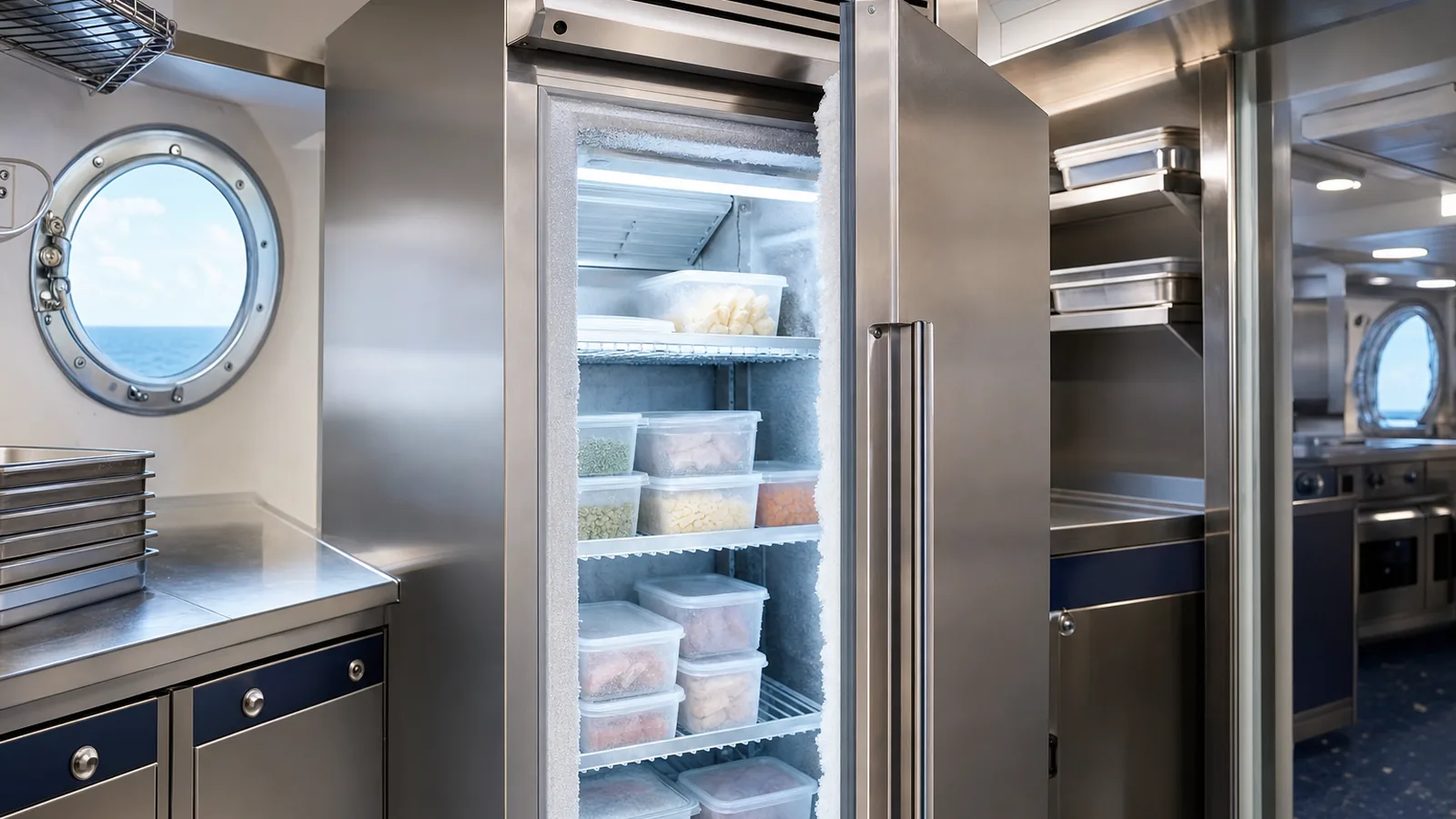 Upright stainless steel freezer with frozen food containers in a galley store