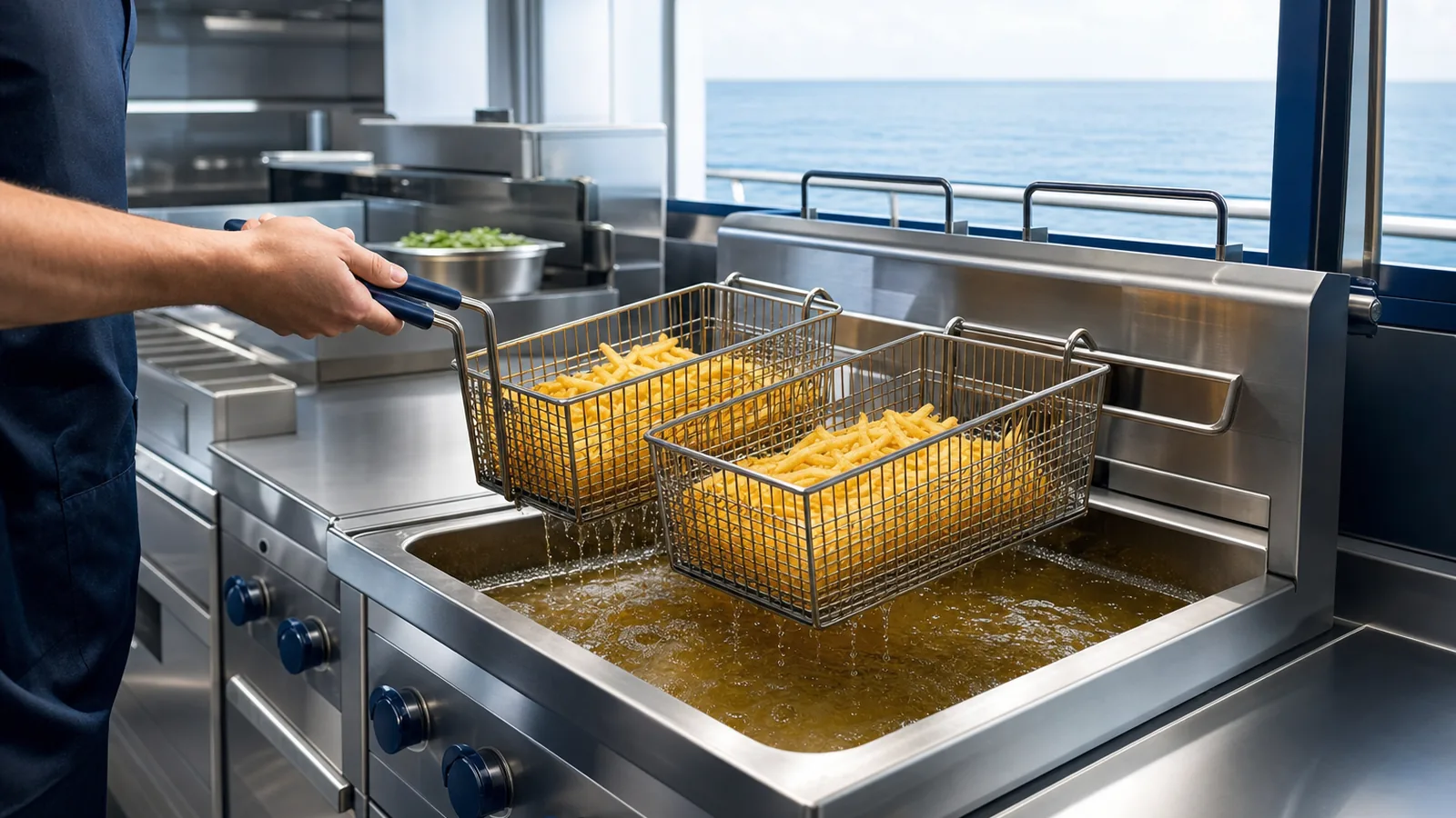Commercial electric deep fat fryer with baskets lifted from the oil