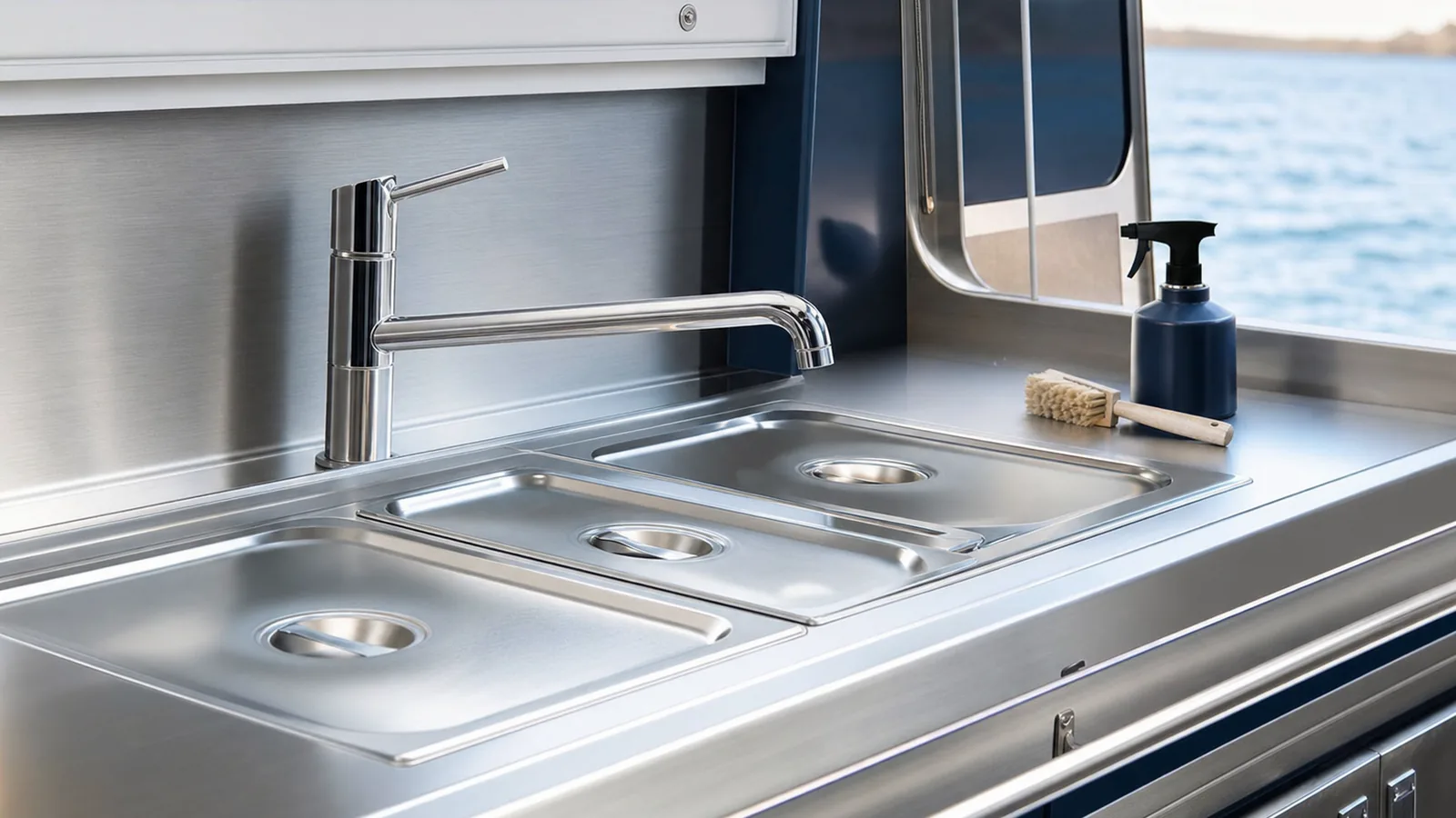 Stainless steel water tap and galley cleaning items on a worktop