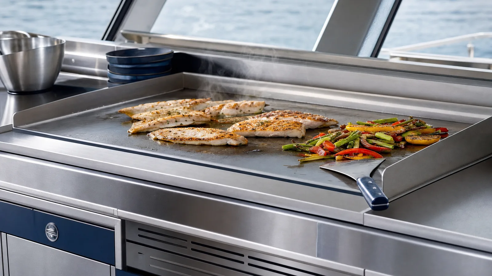 Stainless steel griddle plate with fish and vegetables searing