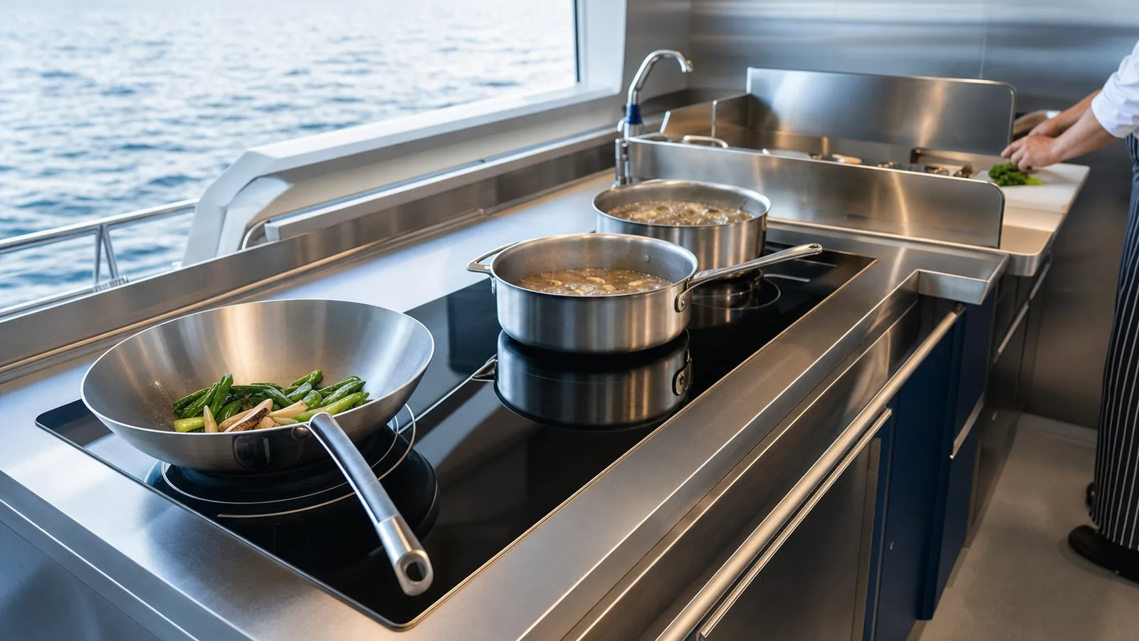 Commercial induction cooking table with pans and a wok position