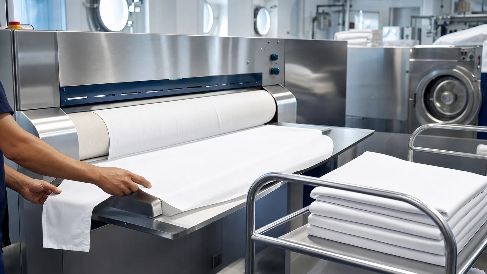 Rotary flatwork ironer pressing a white bed sheet in a marine laundry