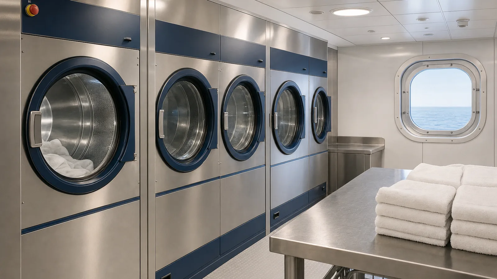 Ship laundry room with commercial washer-extractors and tumble dryers
