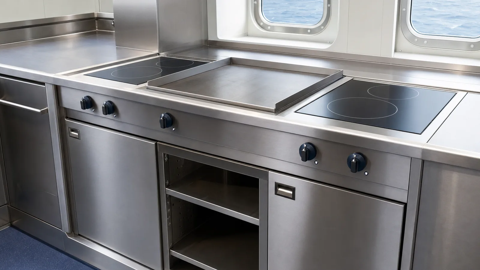 Stainless steel neutral base units under a modular cooking block