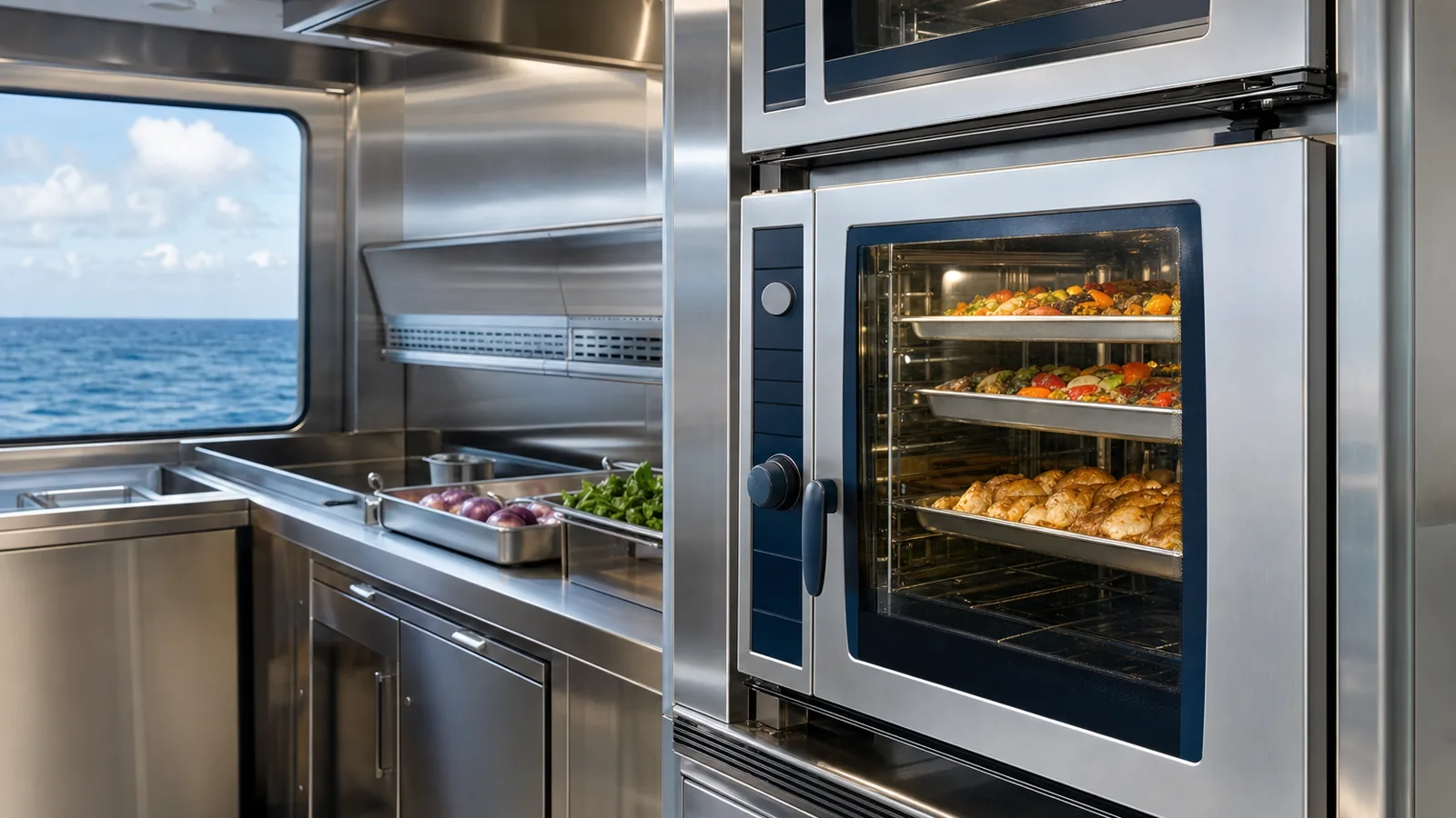 Commercial combi oven with gastronorm trays of roasted food in a marine galley