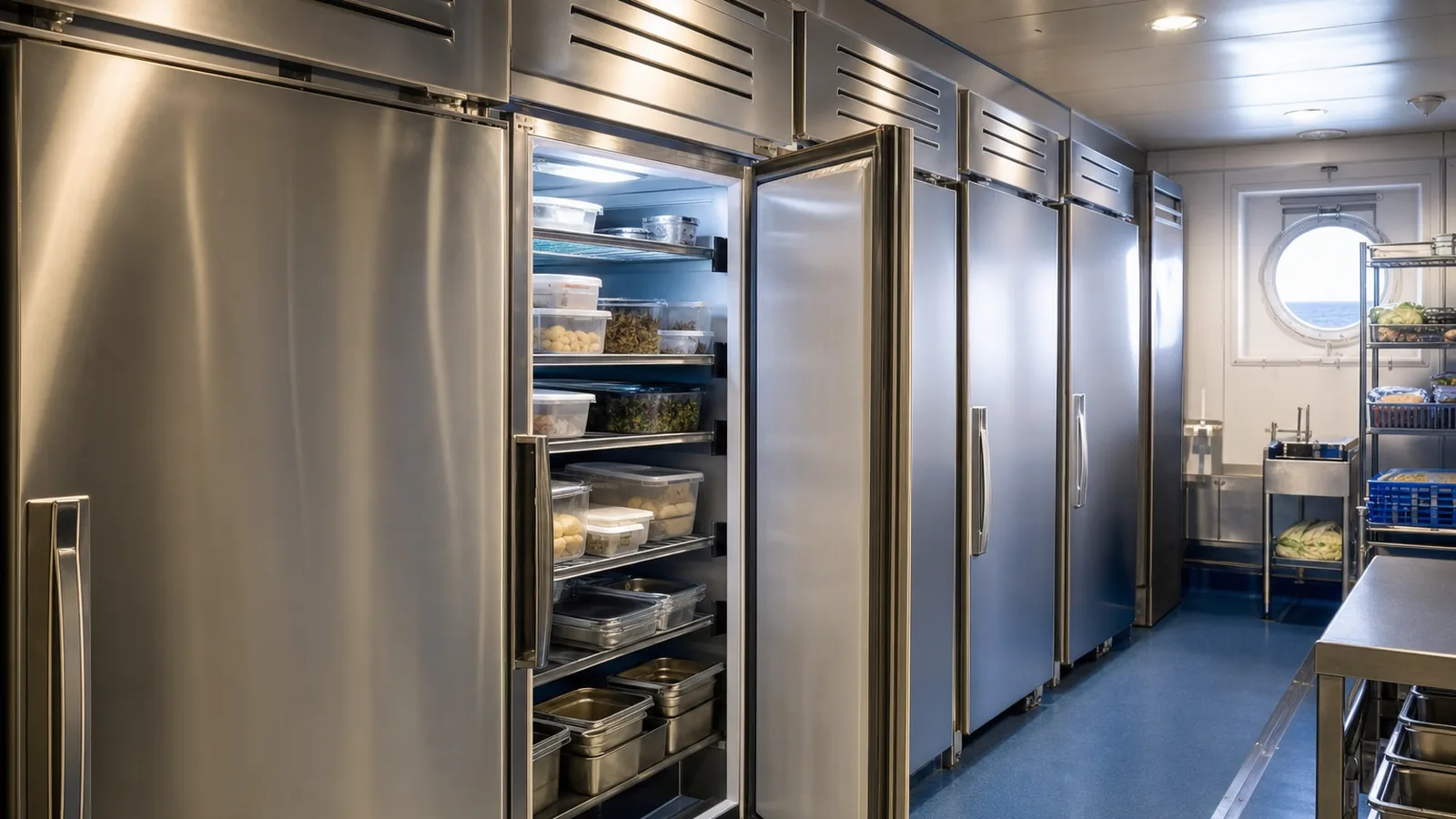 Row of upright stainless steel refrigerators and freezers in a ship provision store
