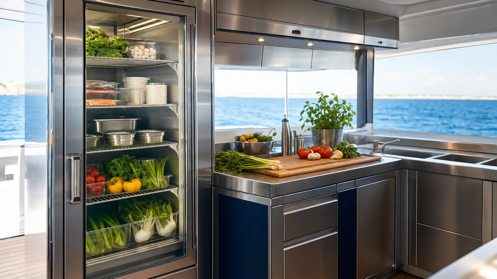 Upright stainless steel refrigerator with a glass door and fresh produce inside