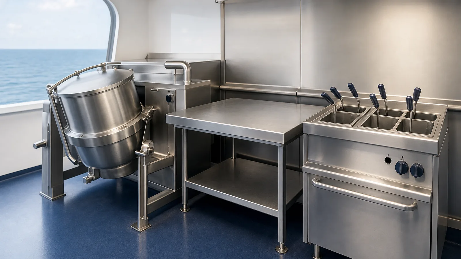 Brushed stainless steel kettle, work table and pasta cooker in a galley