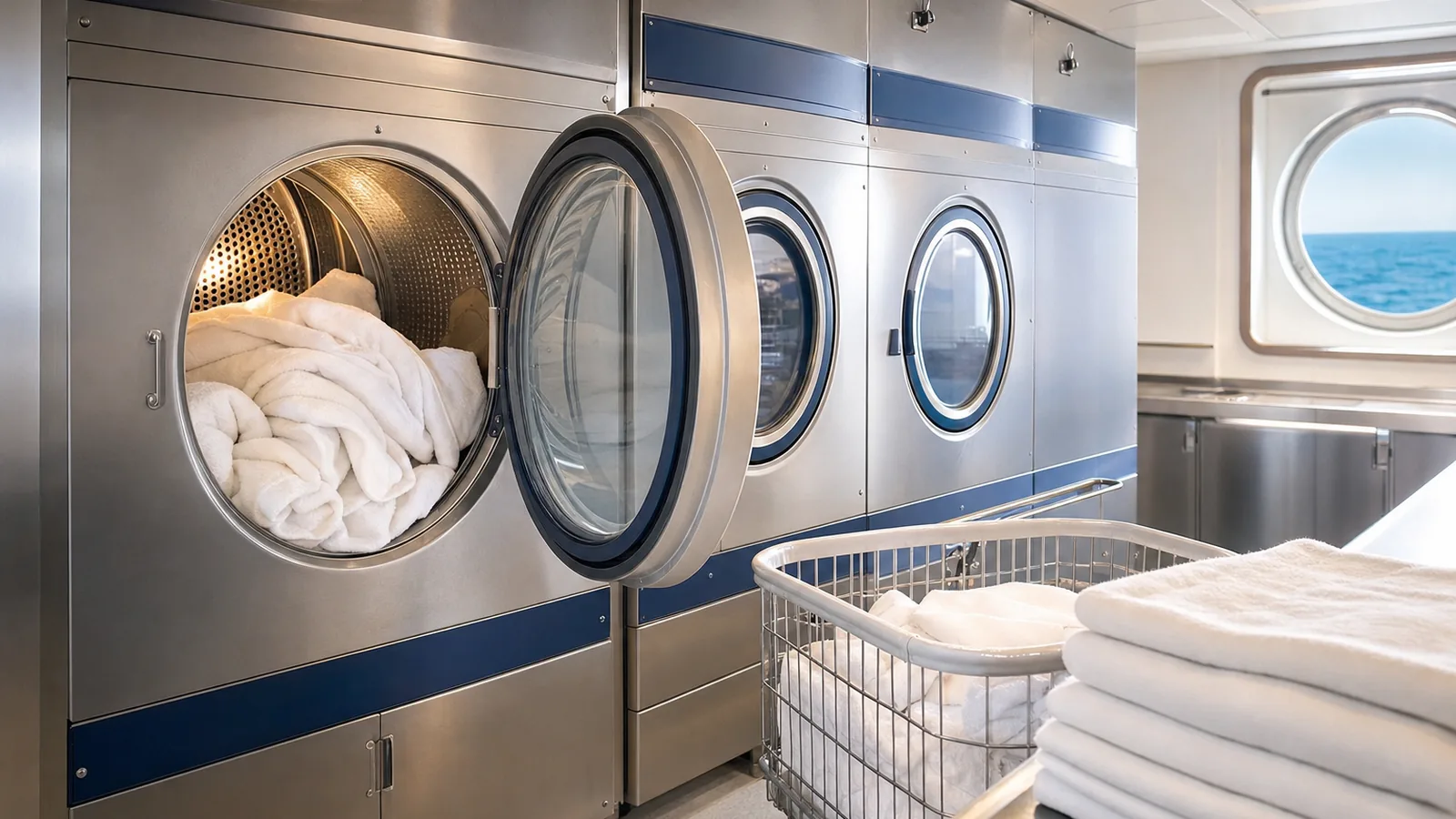 Commercial tumble dryers with warm towels in a ship laundry
