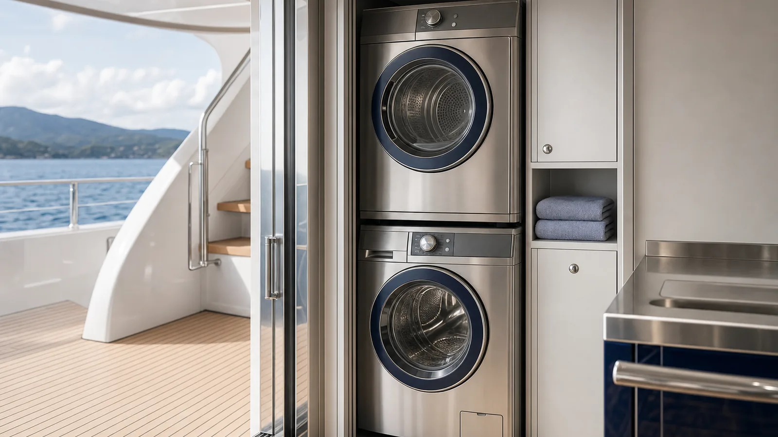 Washer and tumble dryer stacked in a compact crew laundry