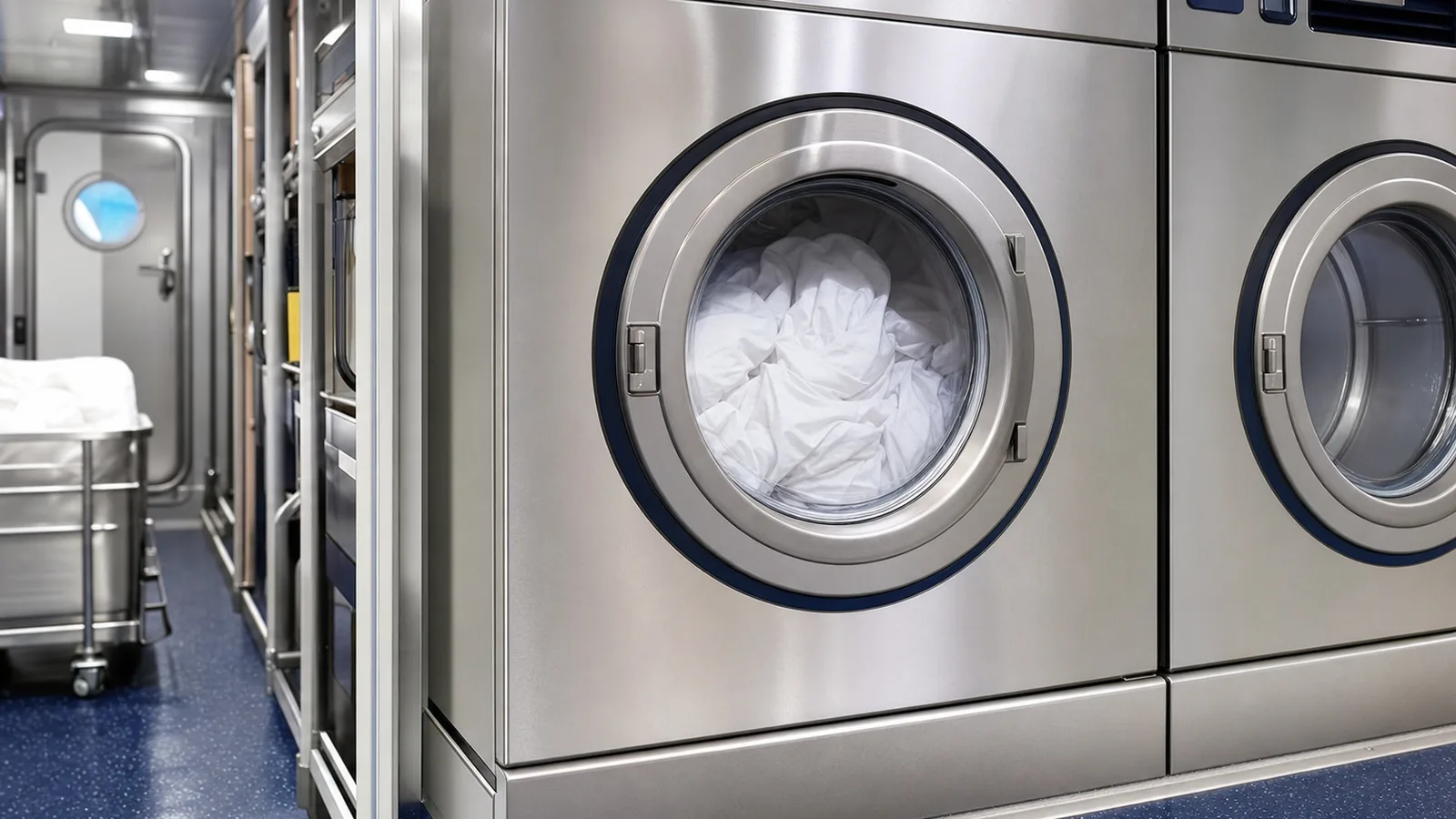Commercial front-loading washer-extractors in a marine laundry