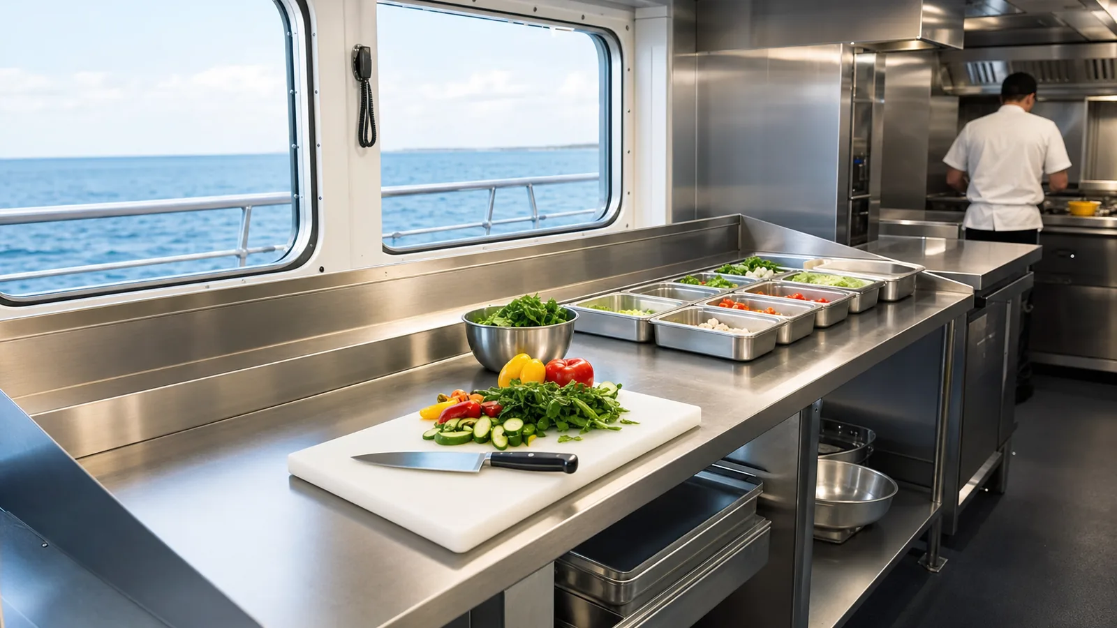 Stainless steel galley work tables with a cutting board and prepared vegetables