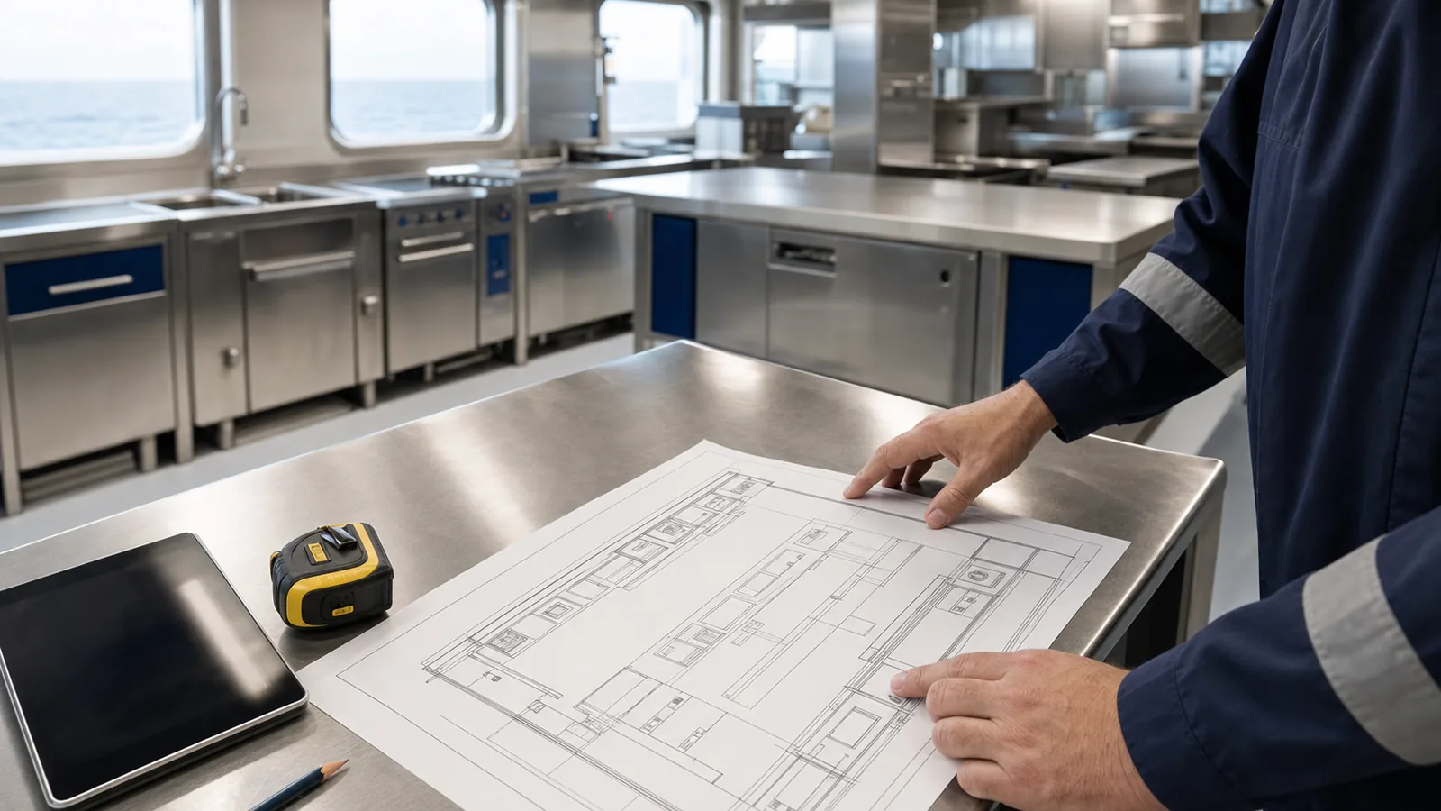 Galley layout plan with a tape measure on a stainless steel worktop
