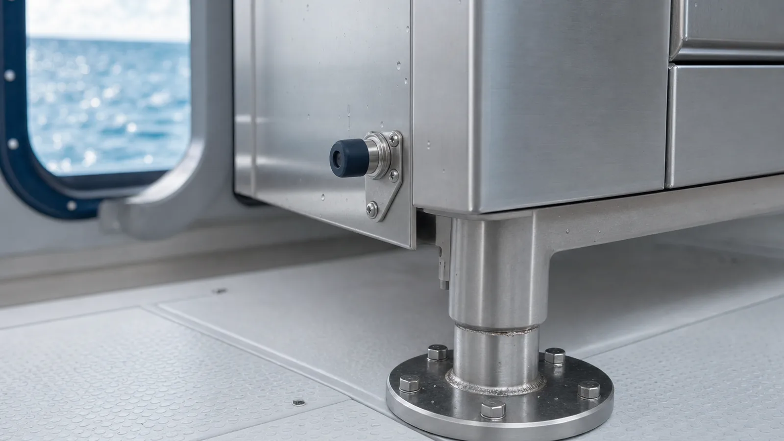 Flanged stainless steel equipment foot bolted to a ship deck with welded seams