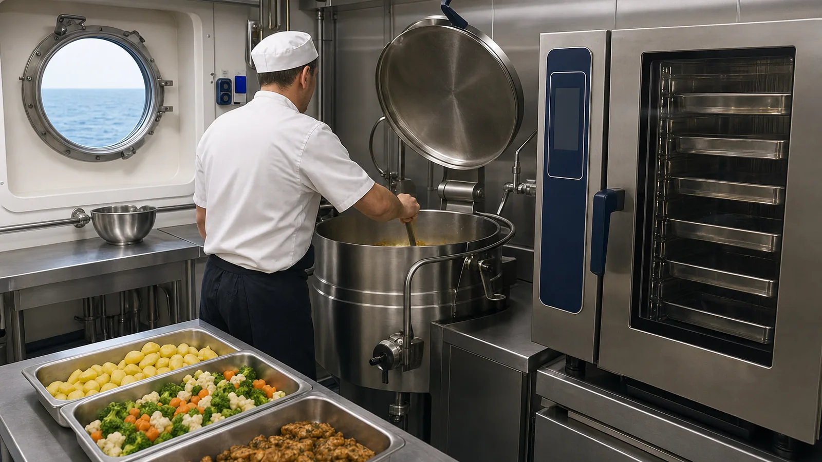 Cook stirring a tilting boiling kettle in a cargo ship galley