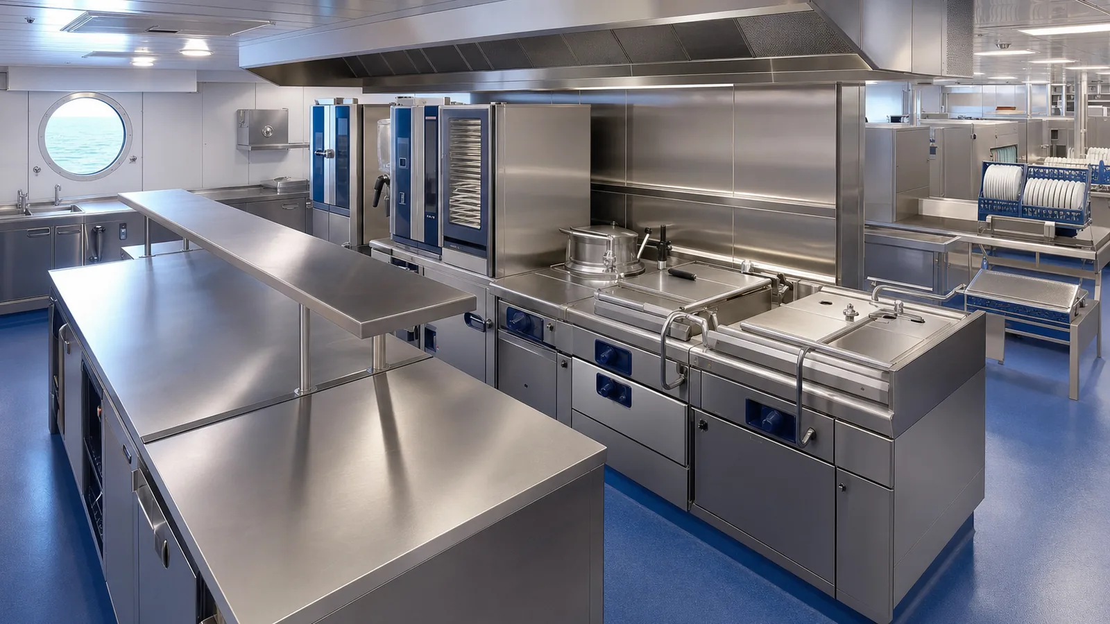 Ship galley with preparation tables, a cooking line and a dishwashing area