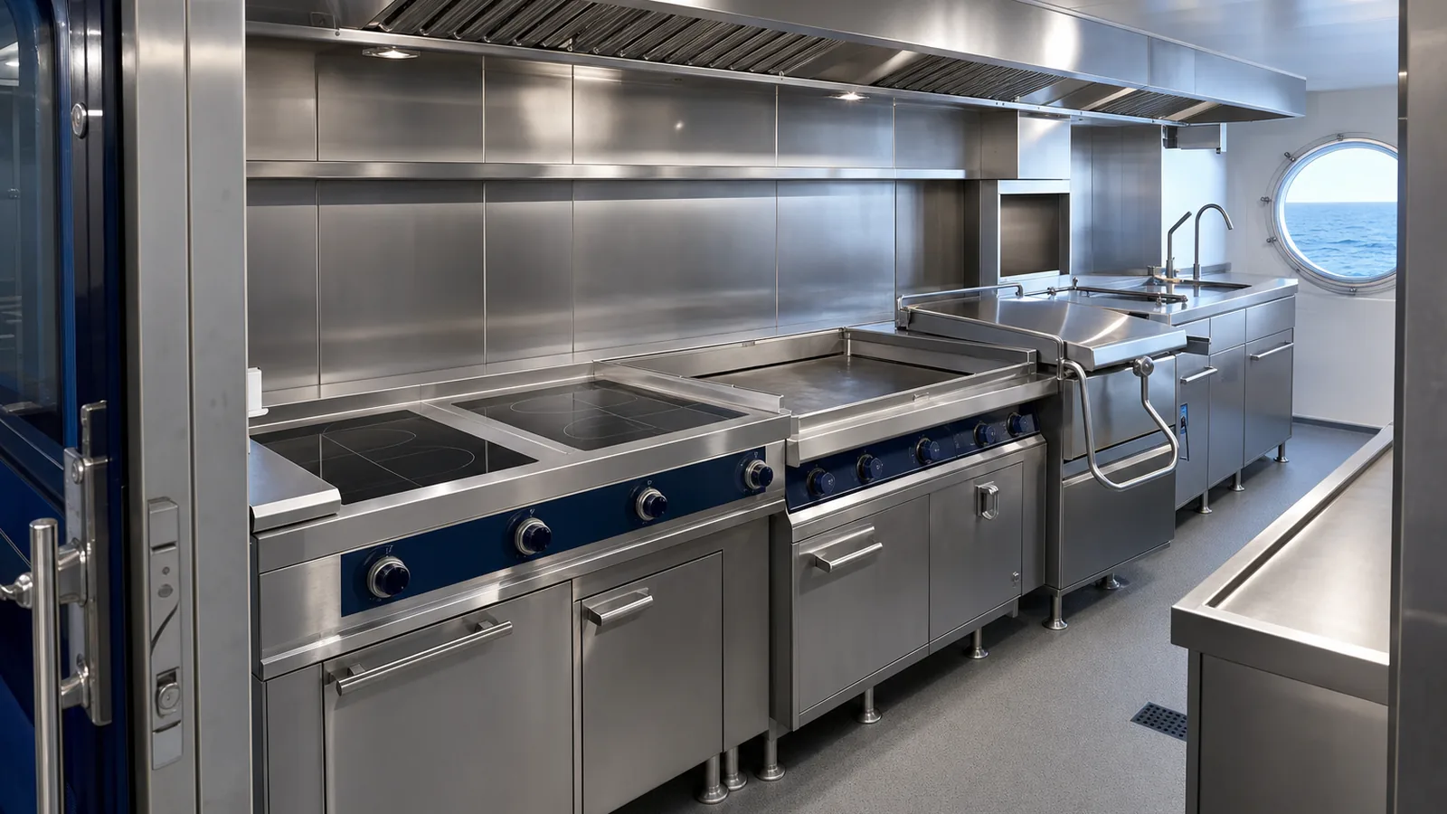 Stainless steel modular cooking line in a ship galley with a porthole looking out to sea