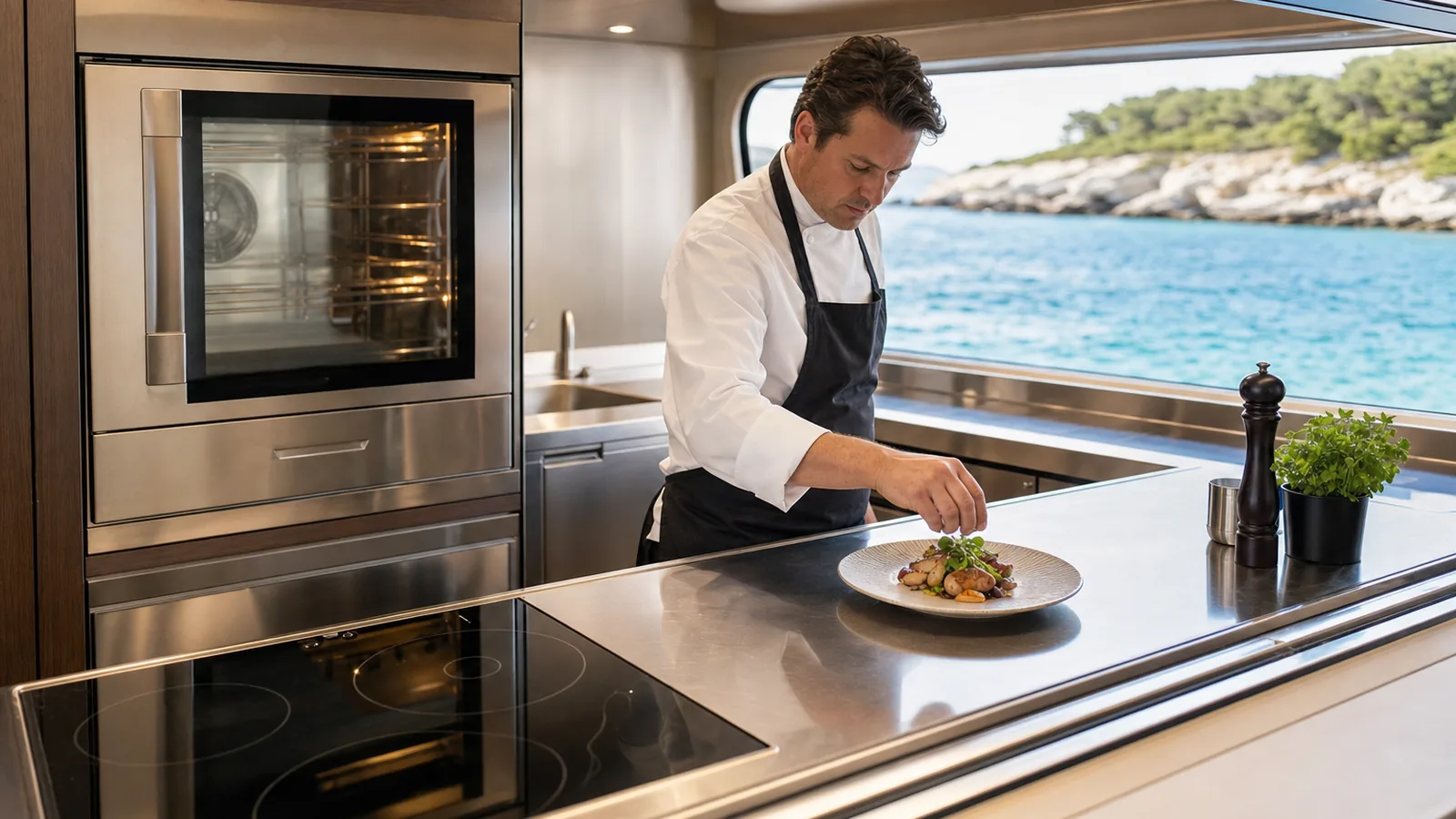 Compact superyacht galley with an induction hob and a sea view window