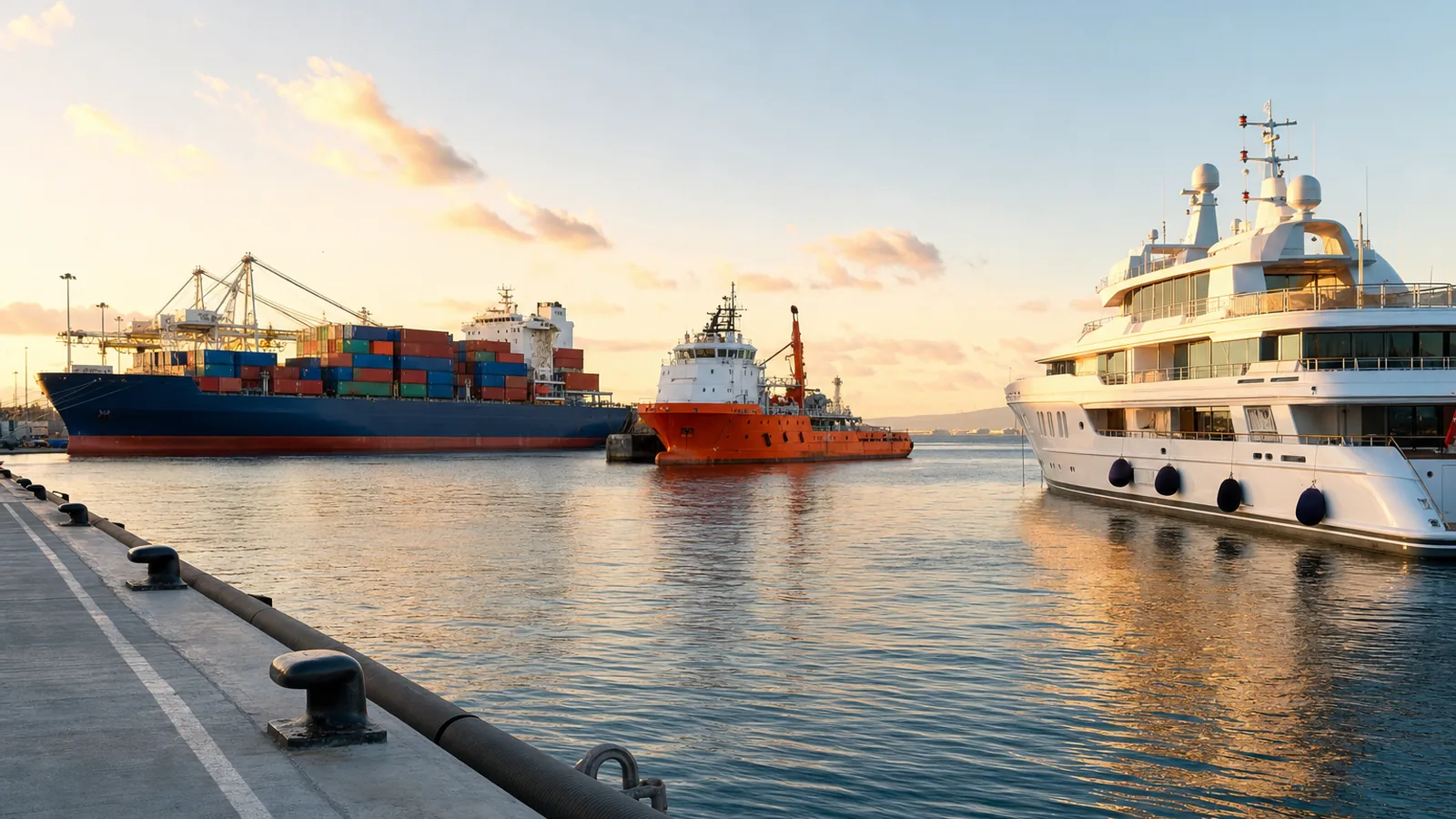 Container ship, offshore supply vessel and yacht moored in a harbour at golden hour