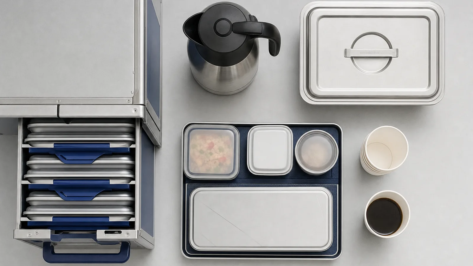 Airline meal tray, trolley drawer and catering items arranged on a surface