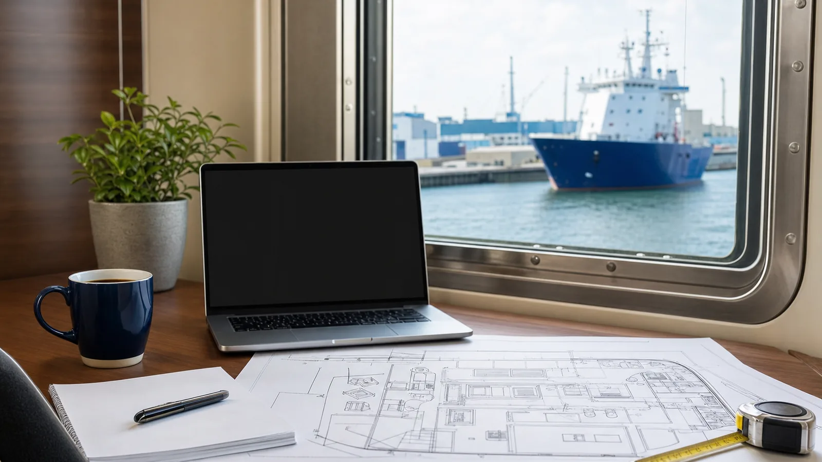 Desk with a galley layout drawing overlooking a harbour with ships