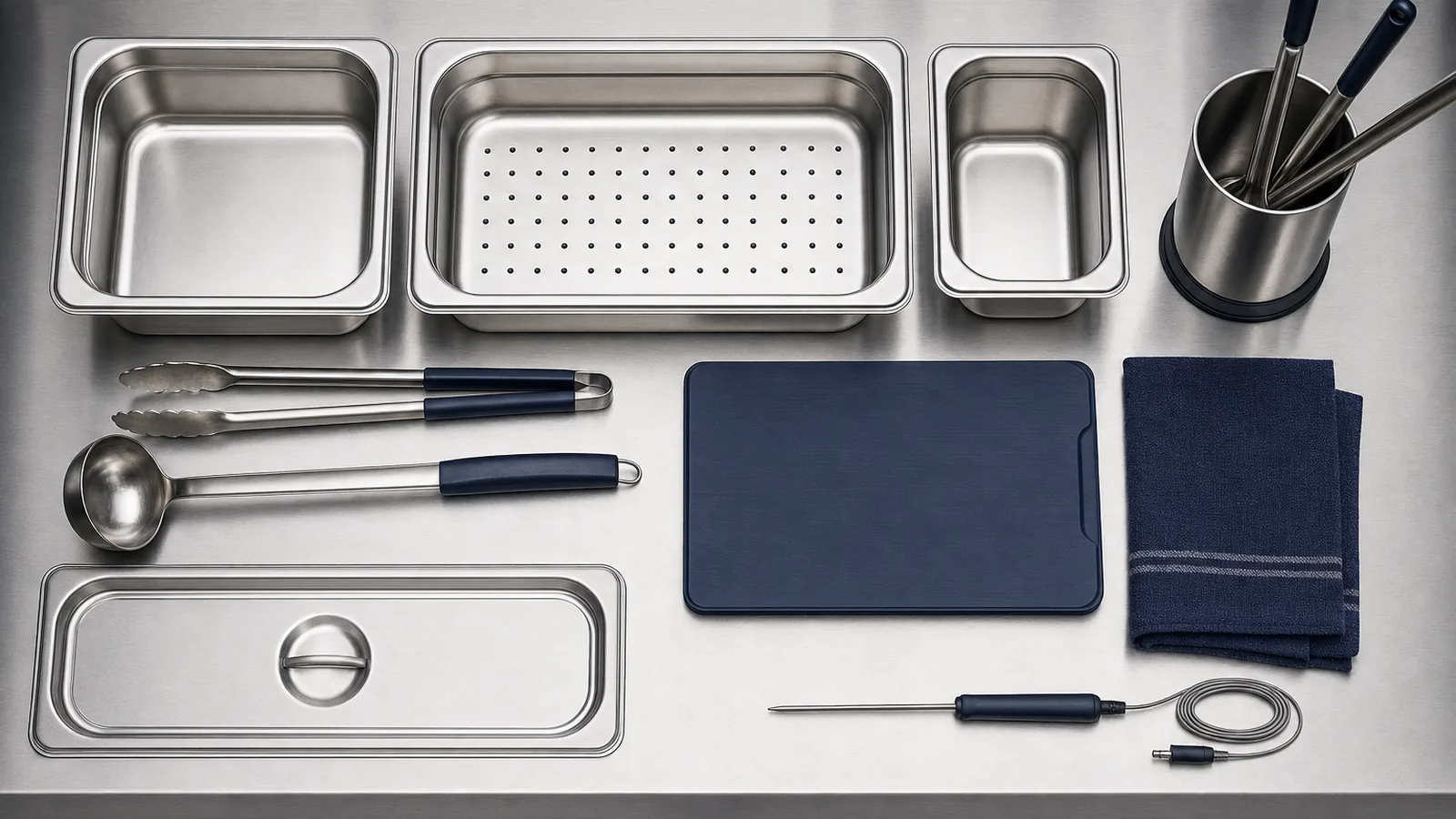 Gastronorm containers and galley utensils arranged on a stainless steel worktop