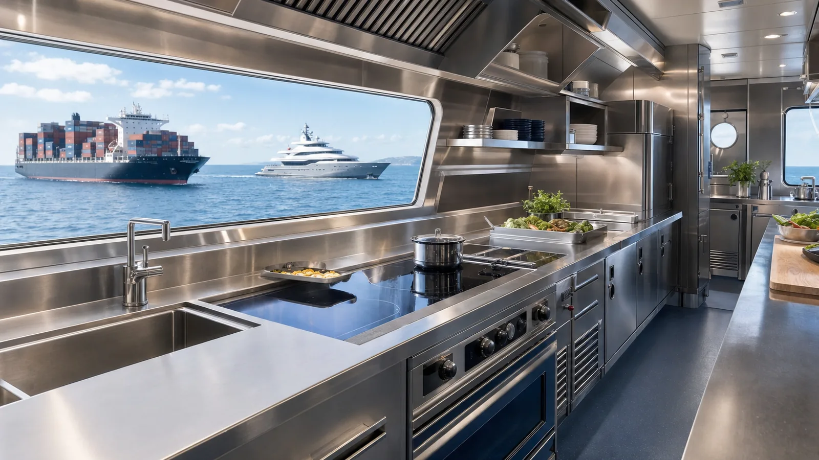 Stainless steel marine galley with ships visible at sea through a window